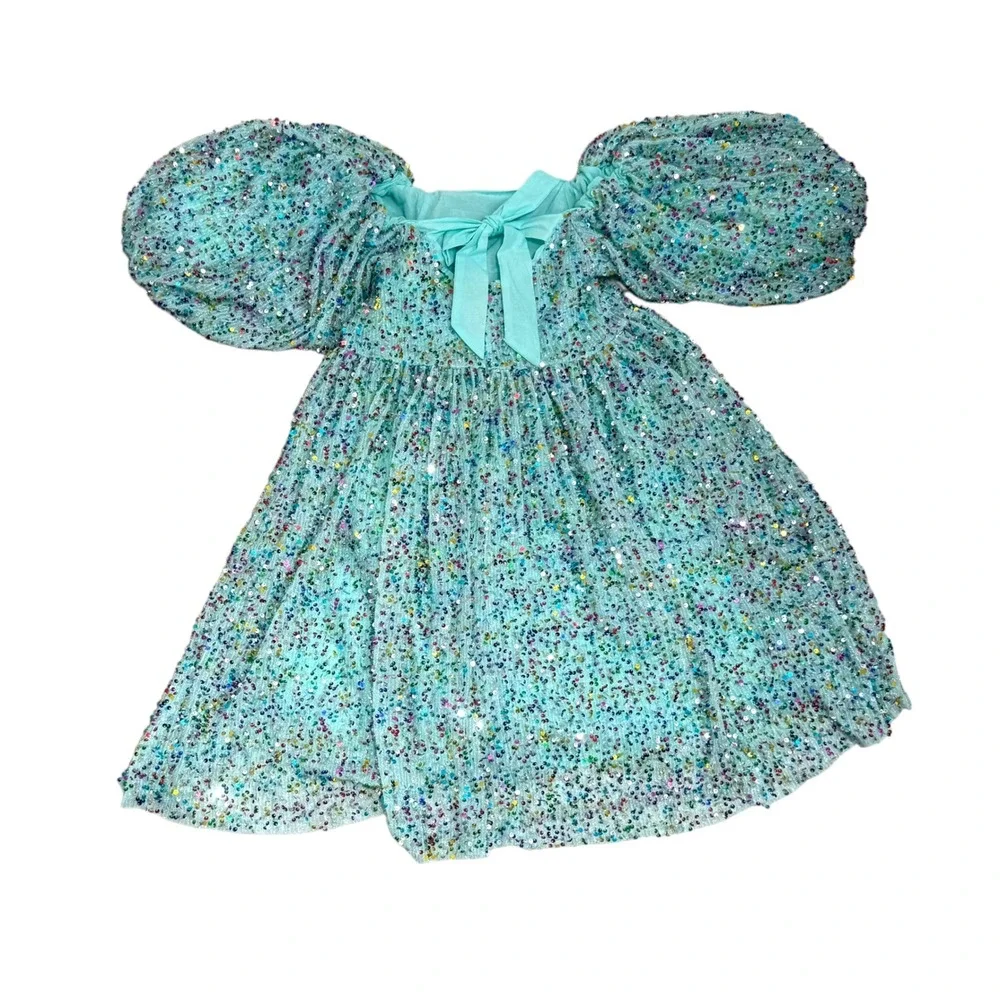 Lola + The Boys Girls Size 12 Aqua Multicolor Sequin Puff Sleeve Tie Back Dress